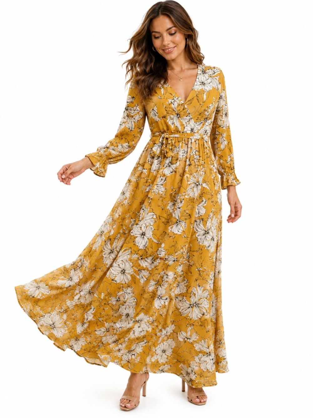 Xtaren, Floral Mustard long sleeve Maxi Dress with belt, Size L